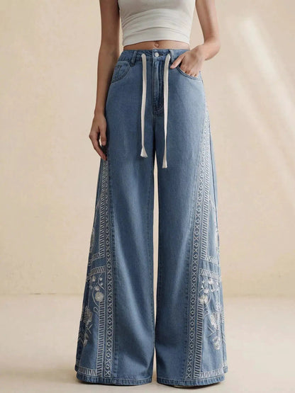 Embroidered Wide-Leg Drawstring Jeans - Bitsy Gypsy Boutique