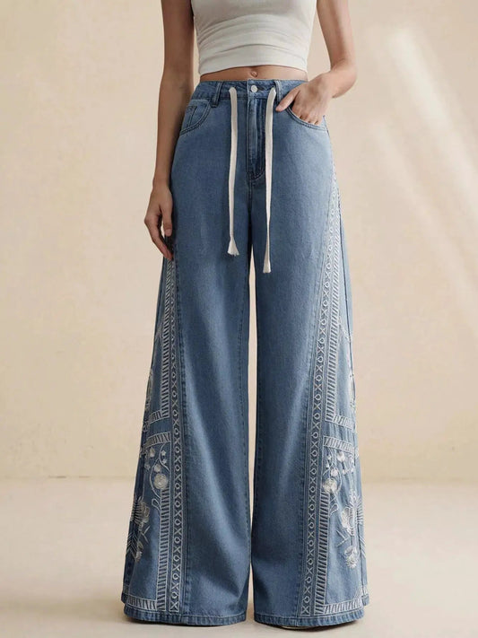 Embroidered Wide-Leg Drawstring Jeans - Bitsy Gypsy Boutique