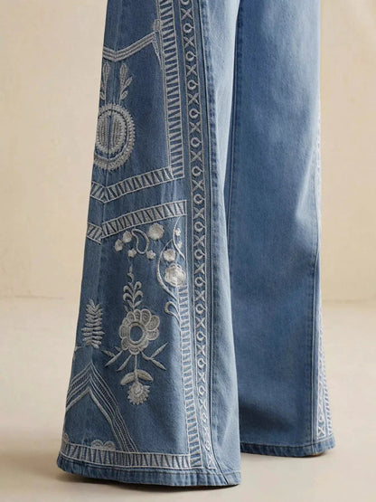 Embroidered Wide-Leg Drawstring Jeans - Bitsy Gypsy Boutique