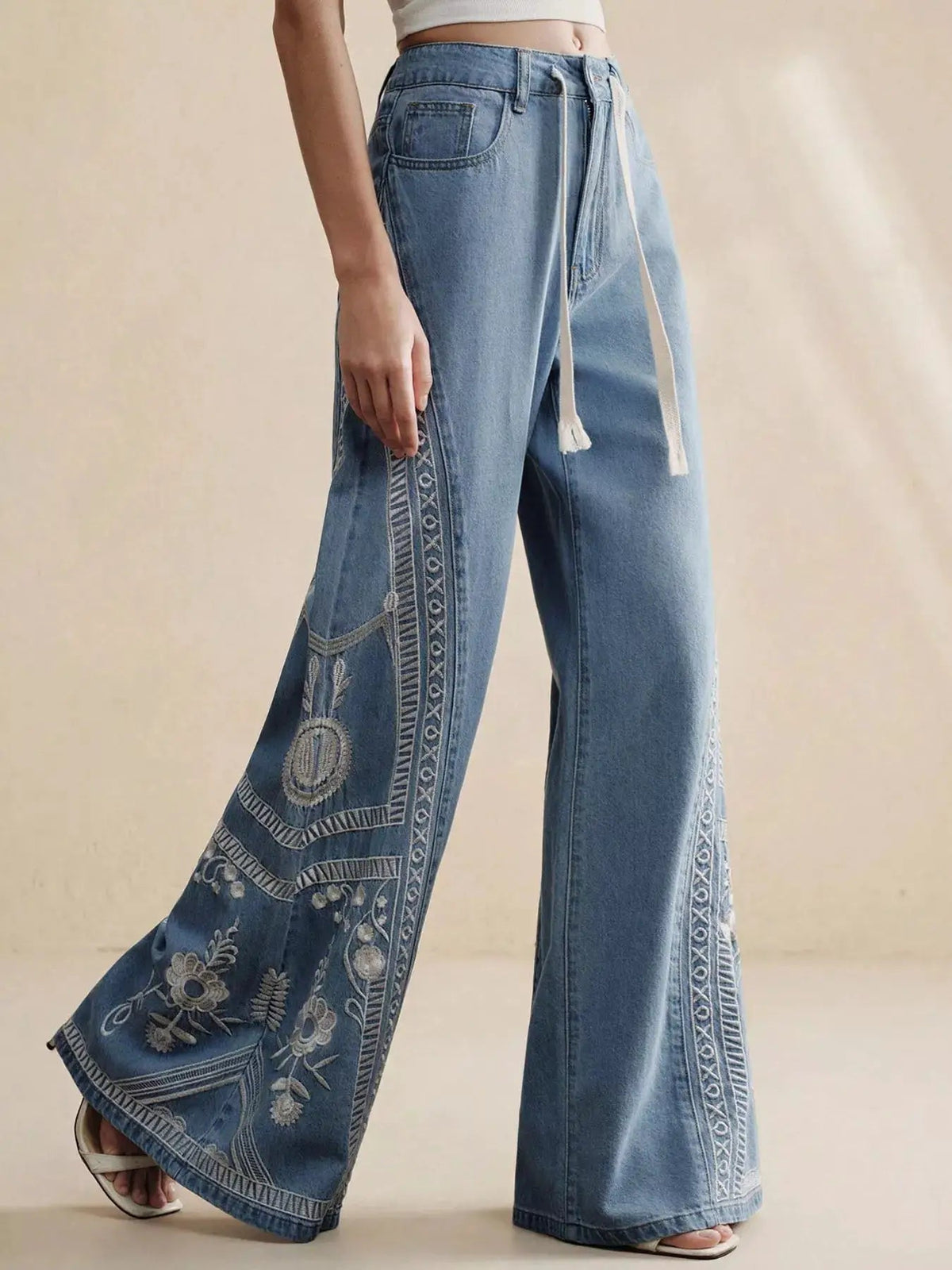 Embroidered Wide-Leg Drawstring Jeans - Bitsy Gypsy Boutique