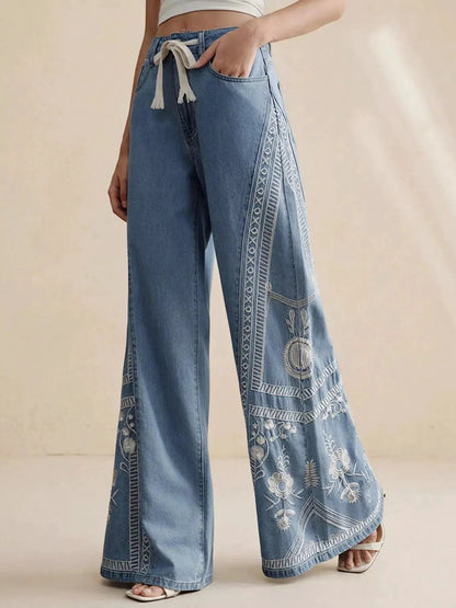 Embroidered Wide-Leg Drawstring Jeans - Bitsy Gypsy Boutique
