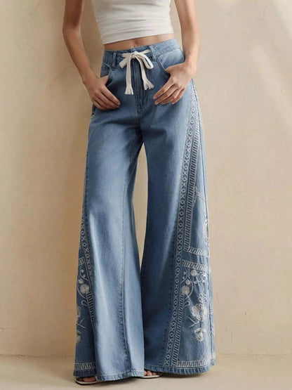 Embroidered Wide-Leg Drawstring Jeans - Bitsy Gypsy Boutique