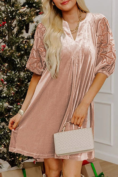 Embroidered‑Sleeve Velvet Mini Shift Dress - Bitsy Gypsy Boutique