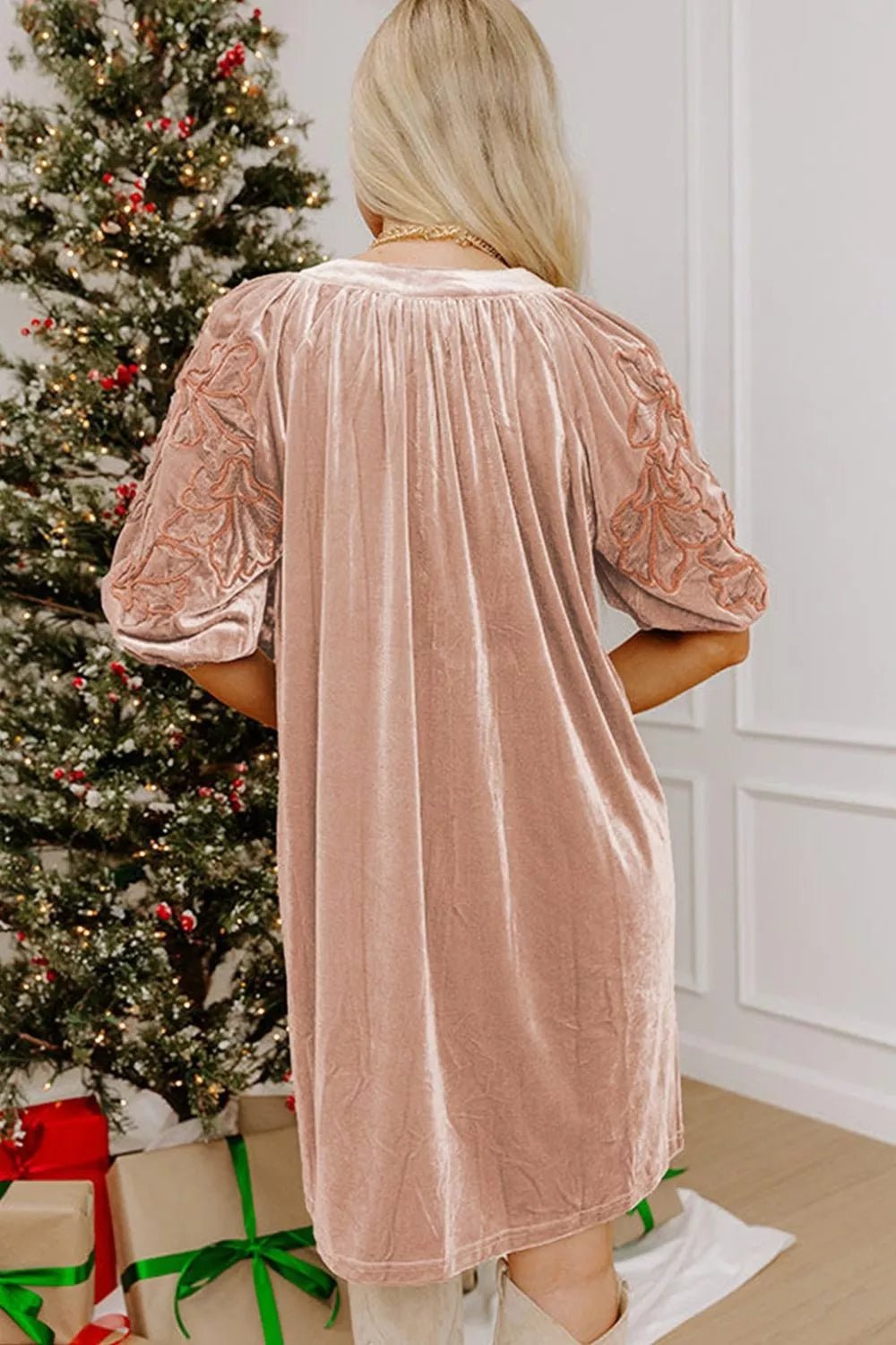 Embroidered‑Sleeve Velvet Mini Shift Dress - Bitsy Gypsy Boutique