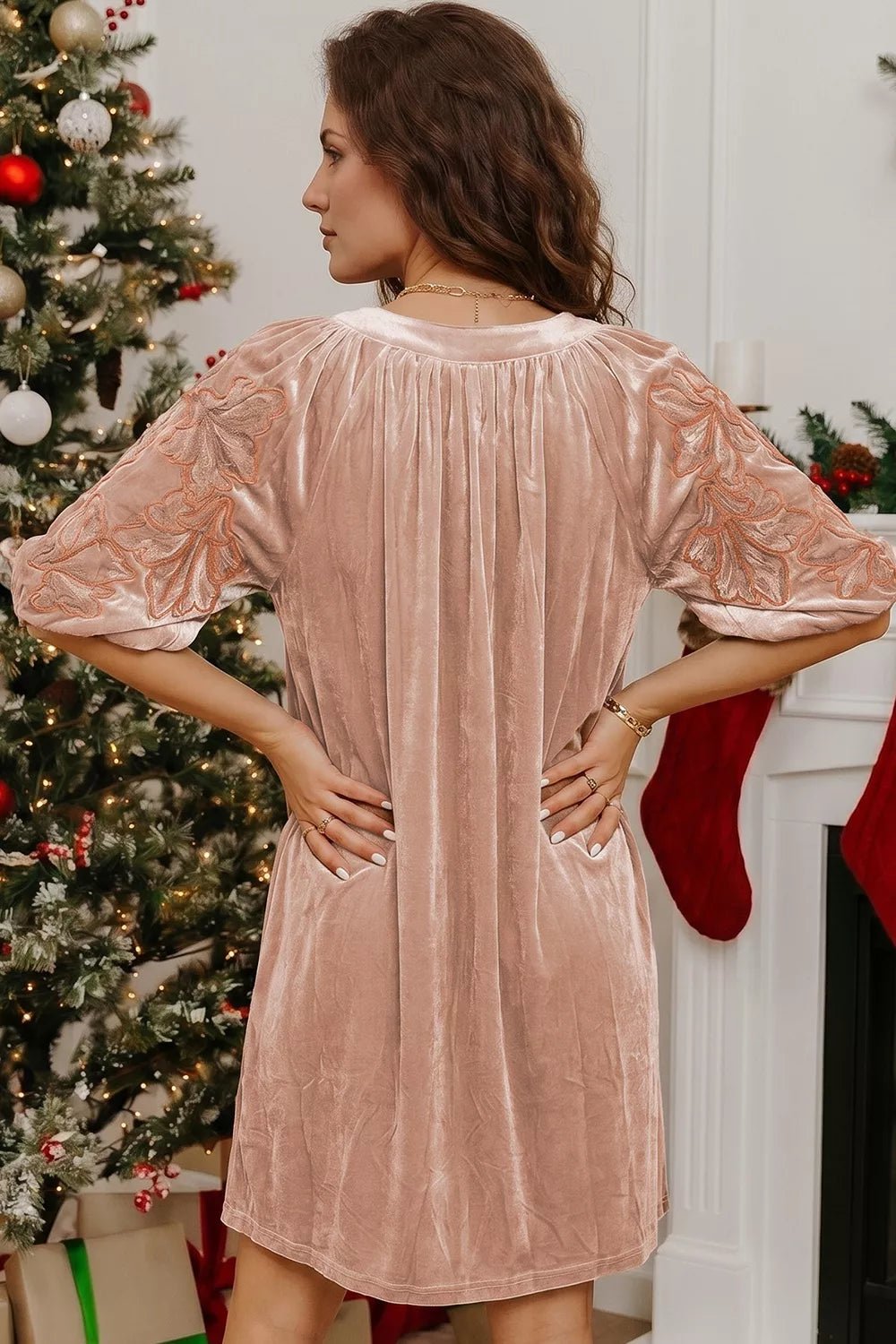 Embroidered‑Sleeve Velvet Mini Shift Dress - Bitsy Gypsy Boutique