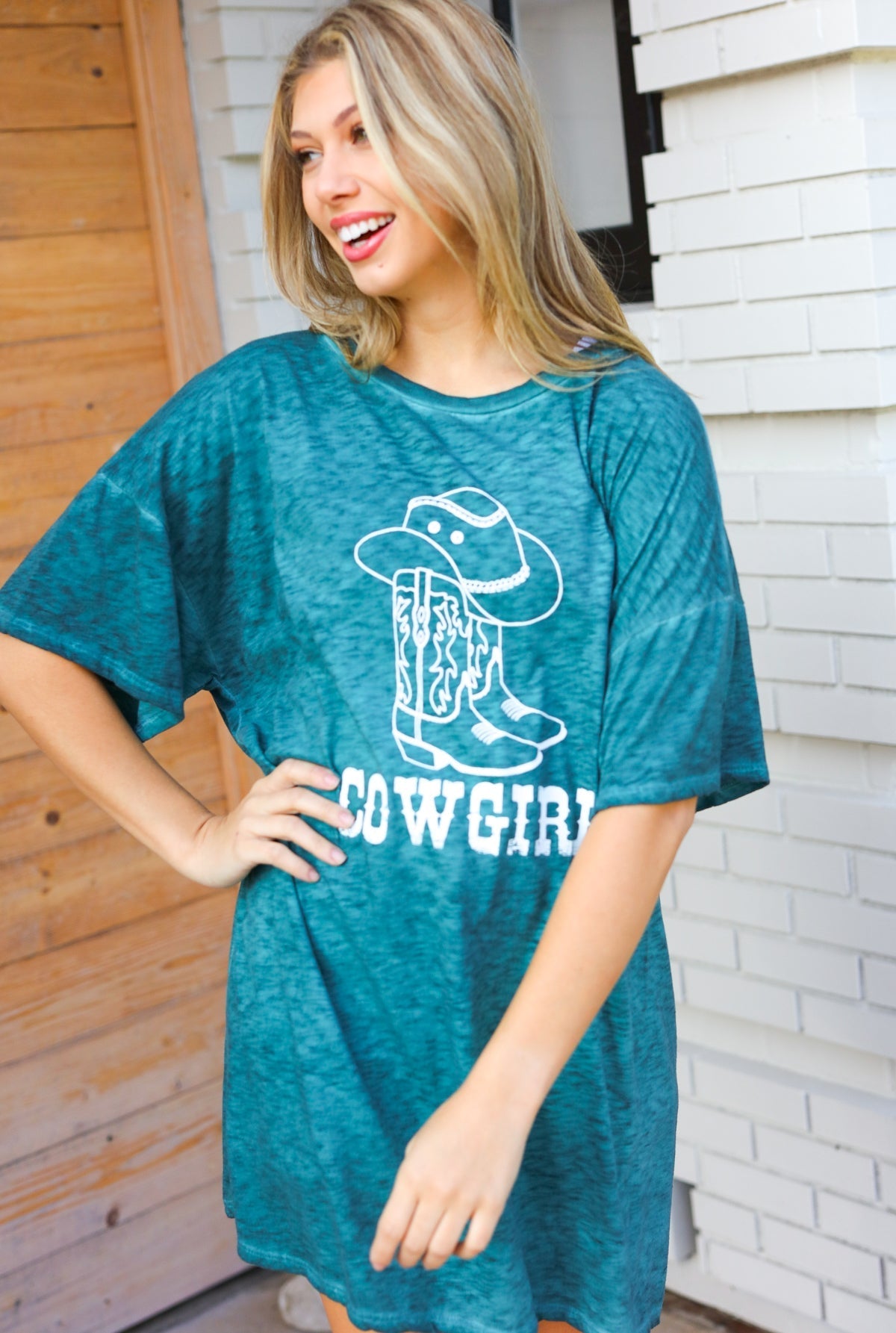 Emerald Cotton Blend COWGIRL Graphic Long Tee - Bitsy Gypsy Boutique