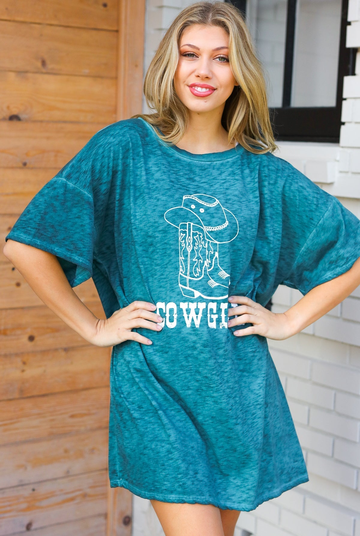 Emerald Cotton Blend COWGIRL Graphic Long Tee - Bitsy Gypsy Boutique