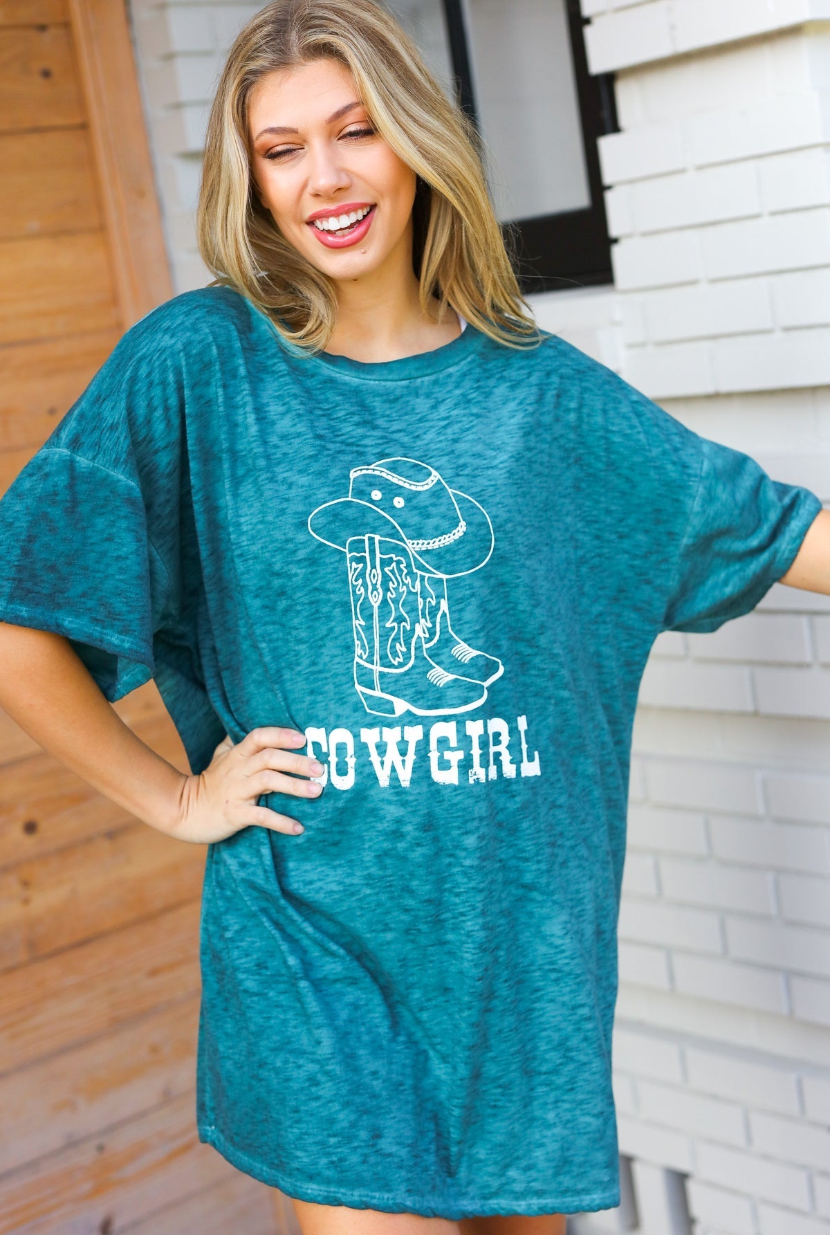 Emerald Cotton Blend COWGIRL Graphic Long Tee - Bitsy Gypsy Boutique