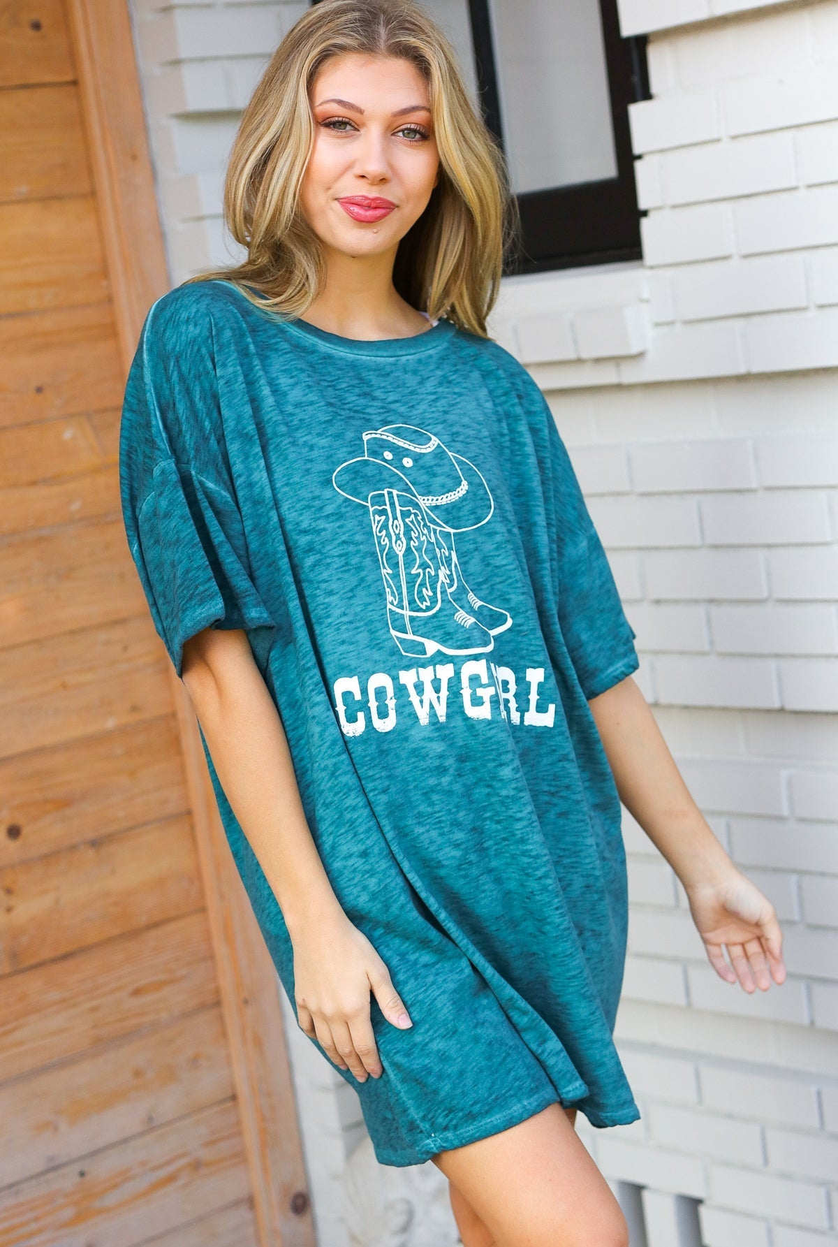 Emerald Cotton Blend COWGIRL Graphic Long Tee - Bitsy Gypsy Boutique