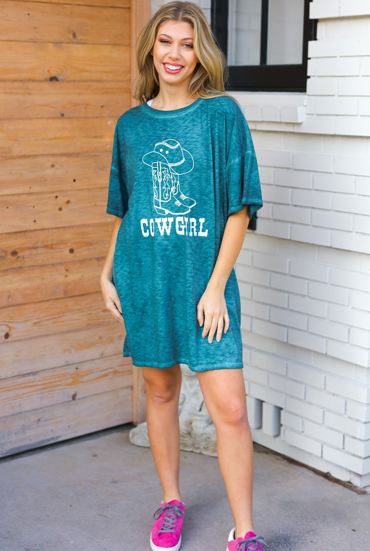 Emerald Cotton Blend COWGIRL Graphic Long Tee - Bitsy Gypsy Boutique