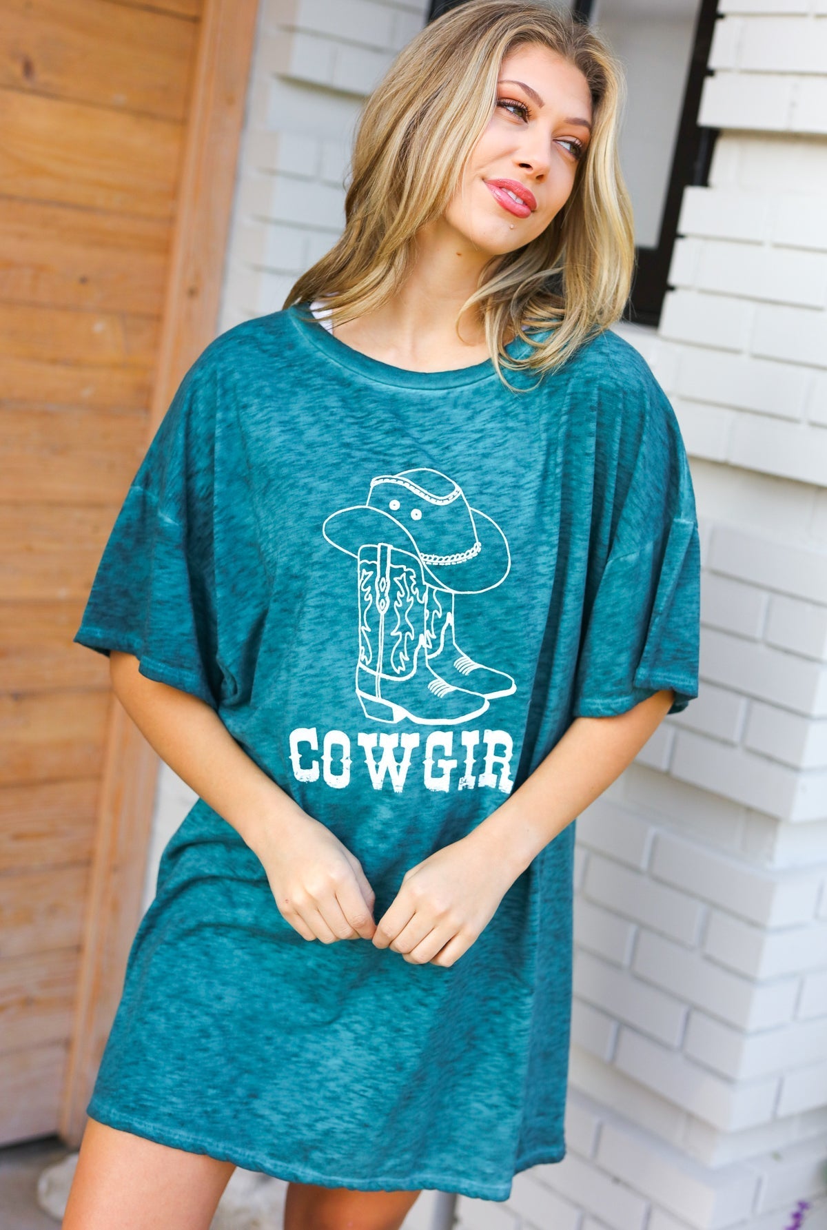 Emerald Cotton Blend COWGIRL Graphic Long Tee - Bitsy Gypsy Boutique