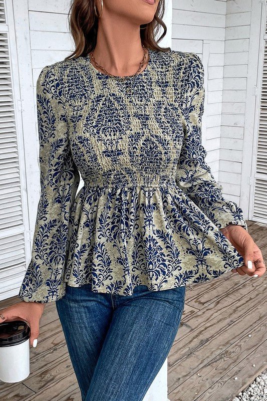 Ethnic Print Balloon Sleeve Smocked Peplum Blouse - Bitsy Gypsy Boutique