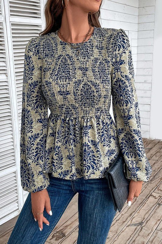 Ethnic Print Balloon Sleeve Smocked Peplum Blouse - Bitsy Gypsy Boutique