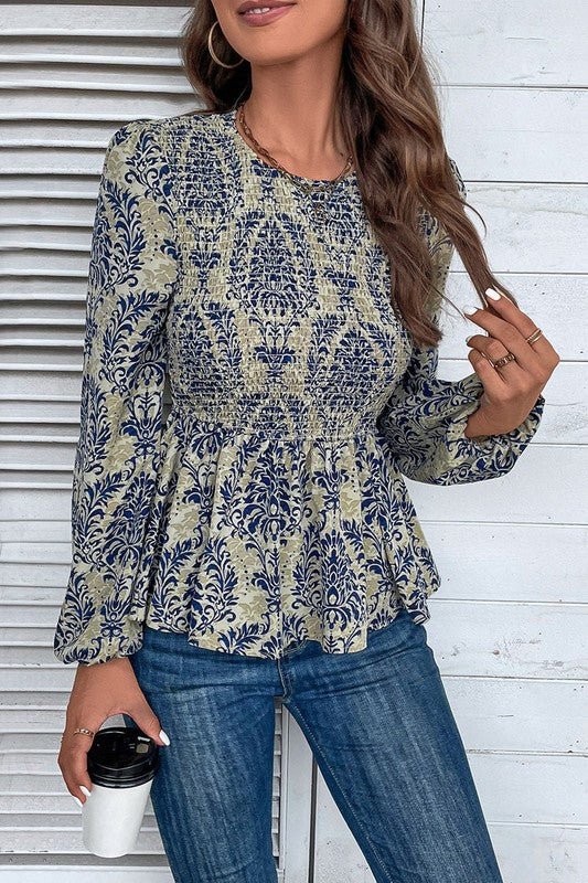 Ethnic Print Balloon Sleeve Smocked Peplum Blouse - Bitsy Gypsy Boutique