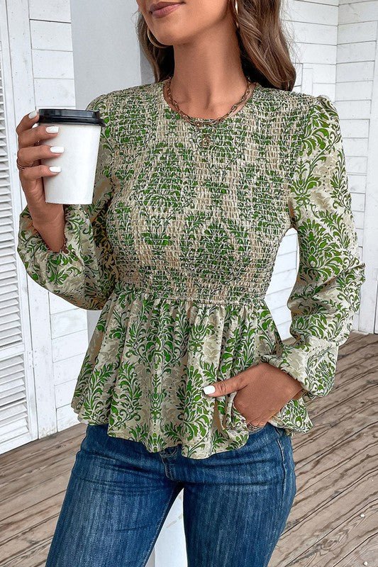 Ethnic Print Balloon Sleeve Smocked Peplum Blouse - Bitsy Gypsy Boutique