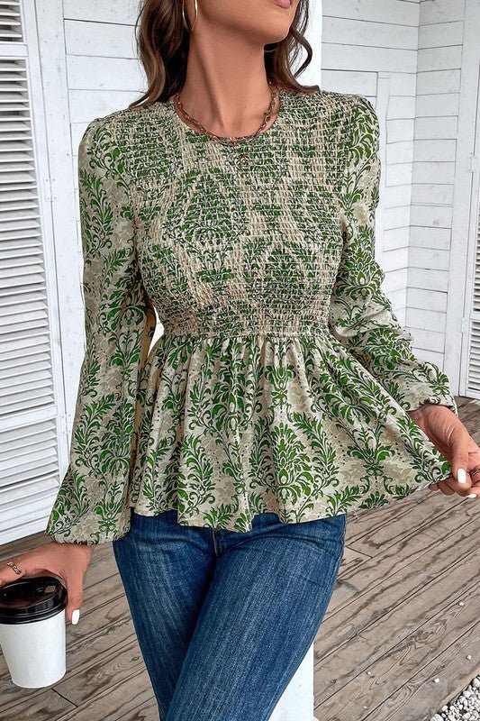 Ethnic Print Balloon Sleeve Smocked Peplum Blouse - Bitsy Gypsy Boutique