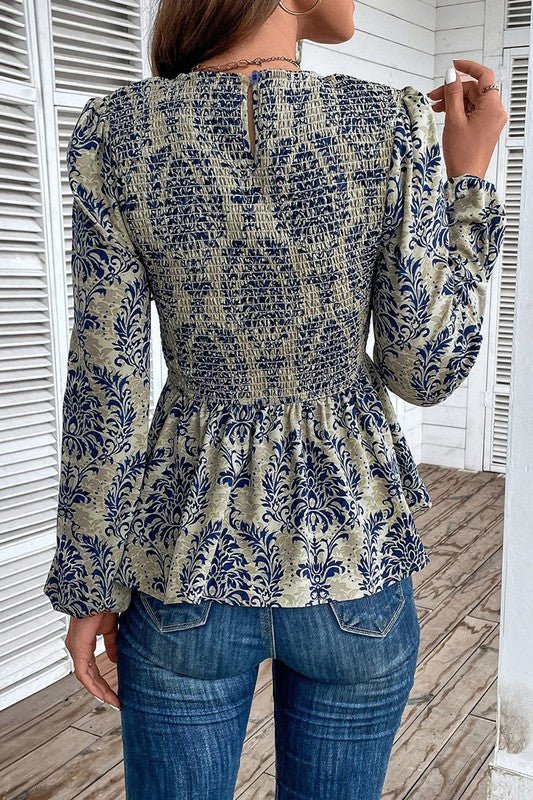 Ethnic Print Balloon Sleeve Smocked Peplum Blouse - Bitsy Gypsy Boutique