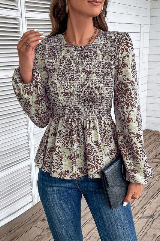 Ethnic Print Balloon Sleeve Smocked Peplum Blouse - Bitsy Gypsy Boutique