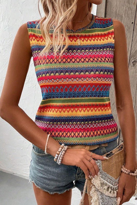 Ethnic Wavy Pattern Round Neck Sleeveless Top - Bitsy Gypsy Boutique