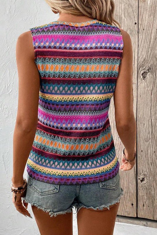 Ethnic Wavy Pattern Round Neck Sleeveless Top - Bitsy Gypsy Boutique