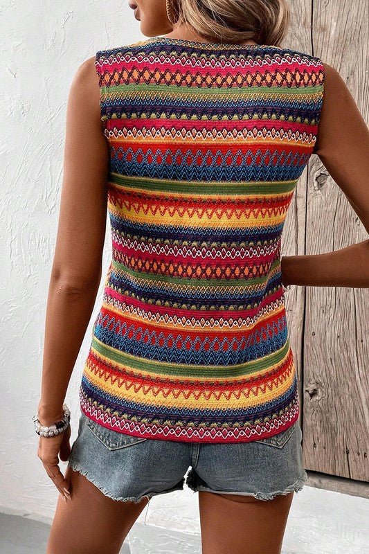 Ethnic Wavy Pattern Round Neck Sleeveless Top - Bitsy Gypsy Boutique