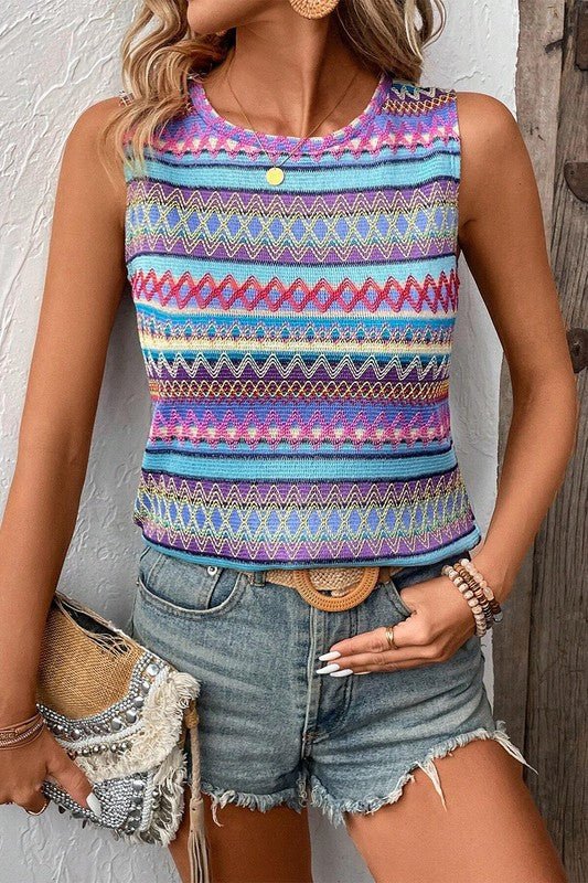 Ethnic Wavy Pattern Round Neck Sleeveless Top - Bitsy Gypsy Boutique