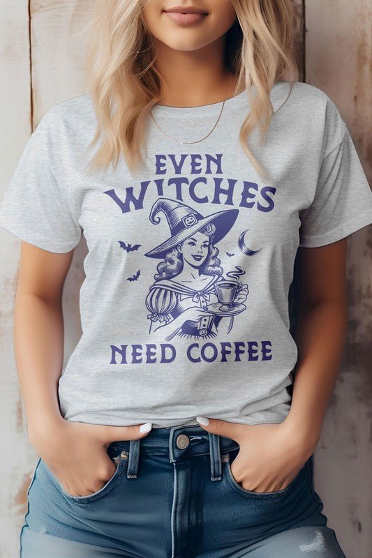 Even Witches Need Coffee, Halloween Graphic Tee - Bitsy Gypsy Boutique