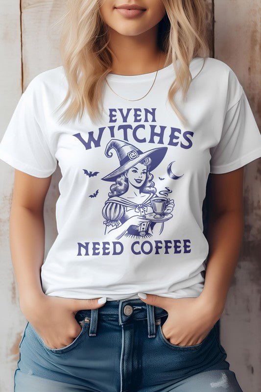 Even Witches Need Coffee, Halloween Graphic Tee - Bitsy Gypsy Boutique