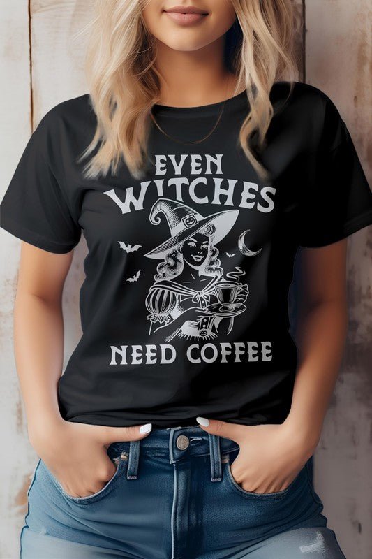 Even Witches Need Coffee, Halloween Graphic Tee - Bitsy Gypsy Boutique