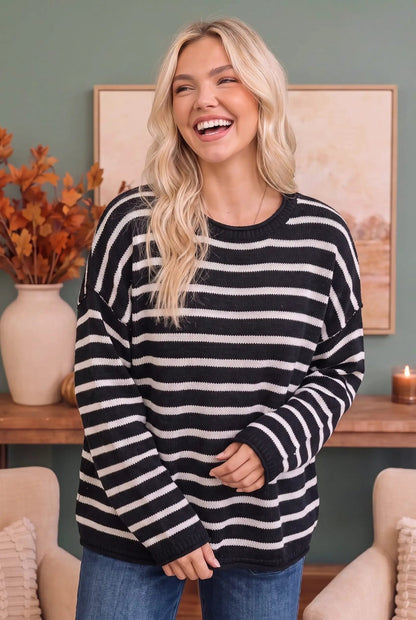Everyday Me Stripe Knit Pullover in Black - Bitsy Gypsy Boutique