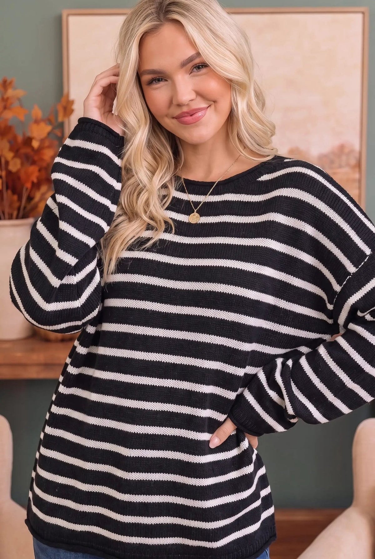 Everyday Me Stripe Knit Pullover in Black - Bitsy Gypsy Boutique