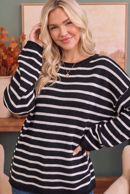 Everyday Me Stripe Knit Pullover in Black - Bitsy Gypsy Boutique