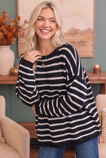 Everyday Me Stripe Knit Pullover in Black - Bitsy Gypsy Boutique