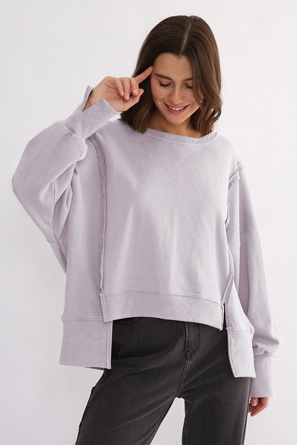 Exposed Seam High - Low Long Sleeve Sweatshirt - Bitsy Gypsy Boutique