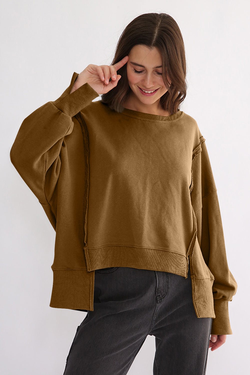 Exposed Seam High - Low Long Sleeve Sweatshirt - Bitsy Gypsy Boutique