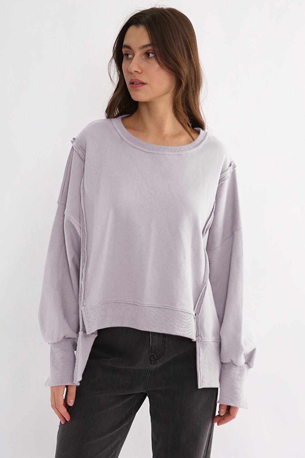 Exposed Seam High - Low Long Sleeve Sweatshirt - Bitsy Gypsy Boutique