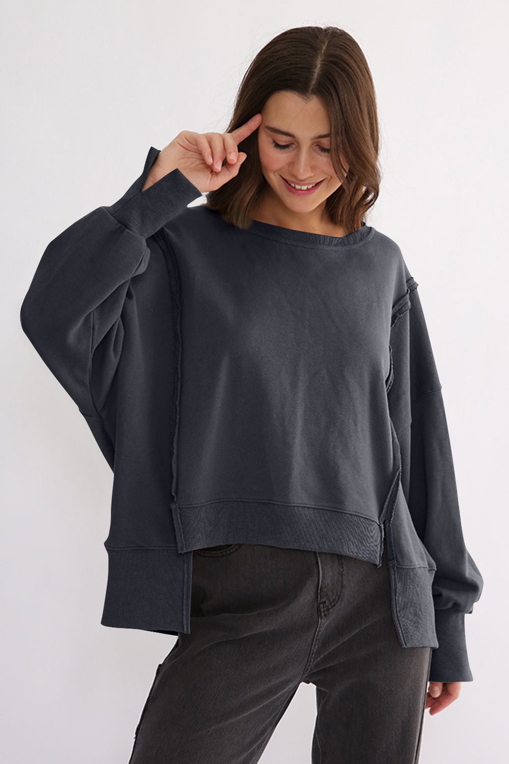 Exposed Seam High - Low Long Sleeve Sweatshirt - Bitsy Gypsy Boutique