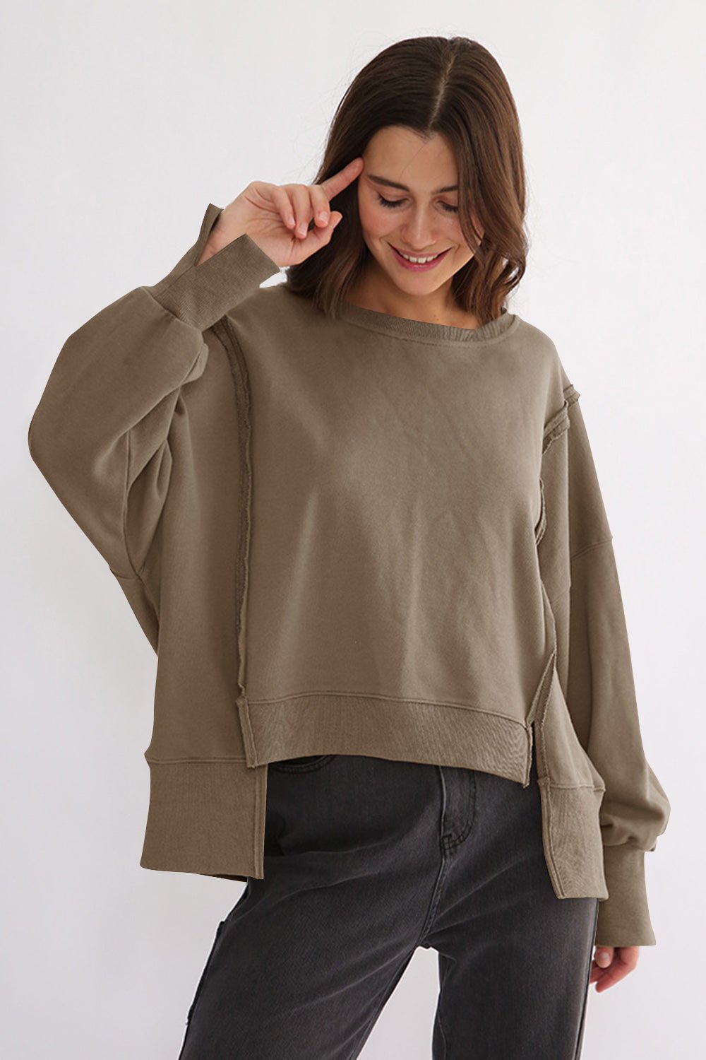 Exposed Seam High - Low Long Sleeve Sweatshirt - Bitsy Gypsy Boutique