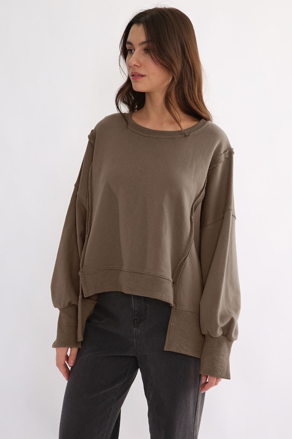 Exposed Seam High - Low Long Sleeve Sweatshirt - Bitsy Gypsy Boutique