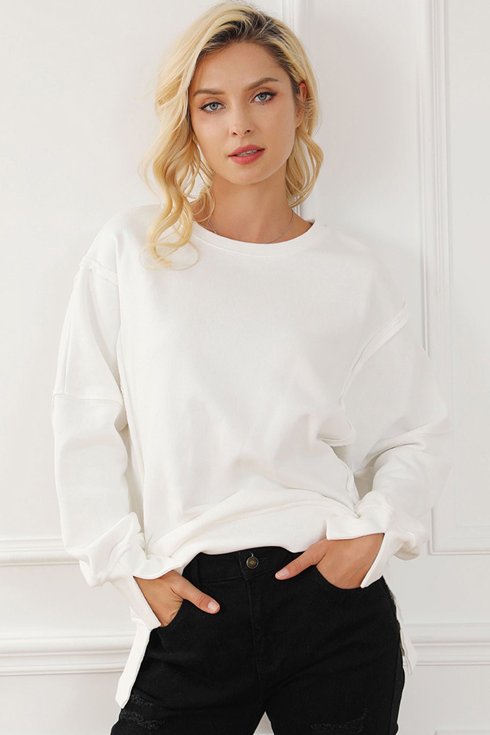 Exposed Seam High - Low Long Sleeve Sweatshirt - Bitsy Gypsy Boutique