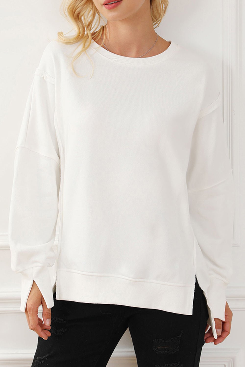 Exposed Seam High - Low Long Sleeve Sweatshirt - Bitsy Gypsy Boutique