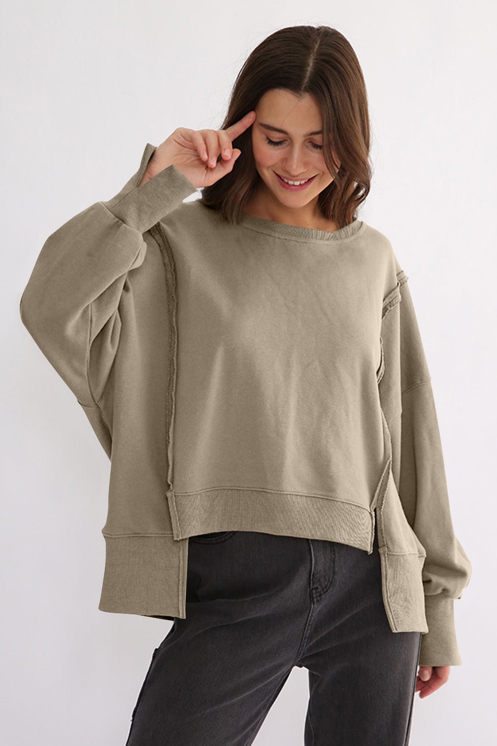 Exposed Seam High - Low Long Sleeve Sweatshirt - Bitsy Gypsy Boutique