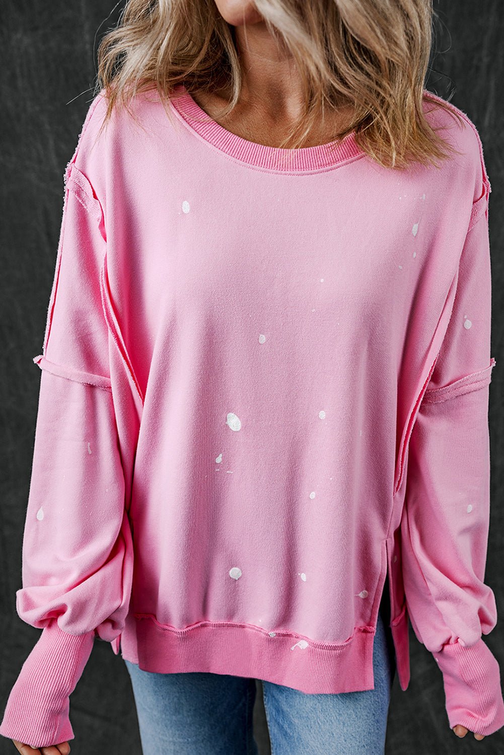 Exposed Seam Splatter Print Round Neck Sweatshirt - Bitsy Gypsy Boutique