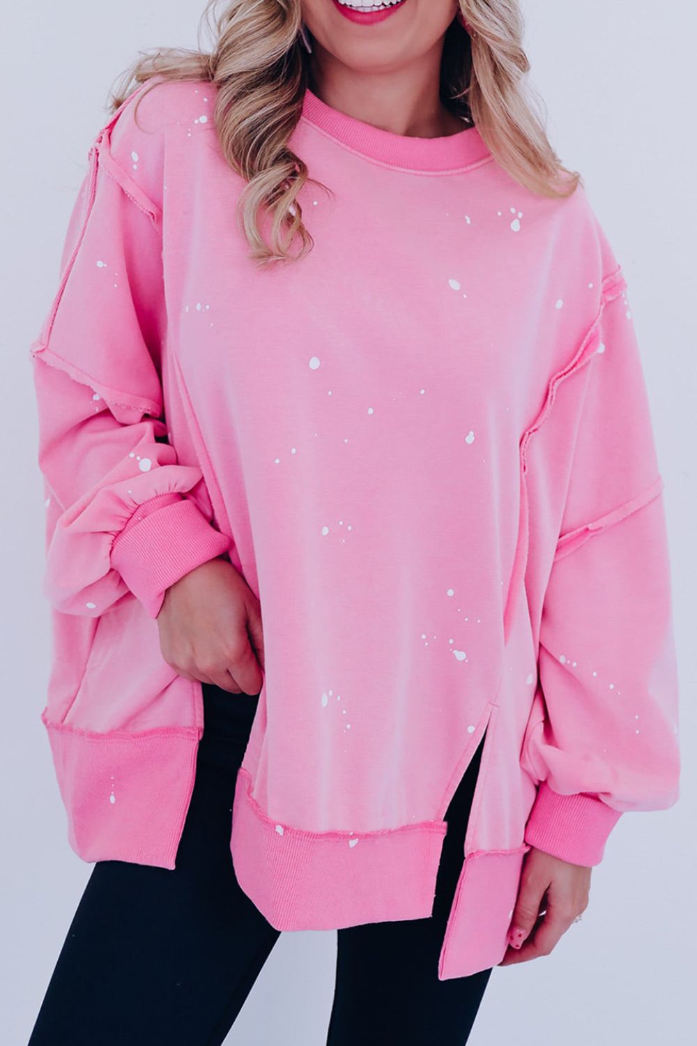 Exposed Seam Splatter Print Round Neck Sweatshirt - Bitsy Gypsy Boutique