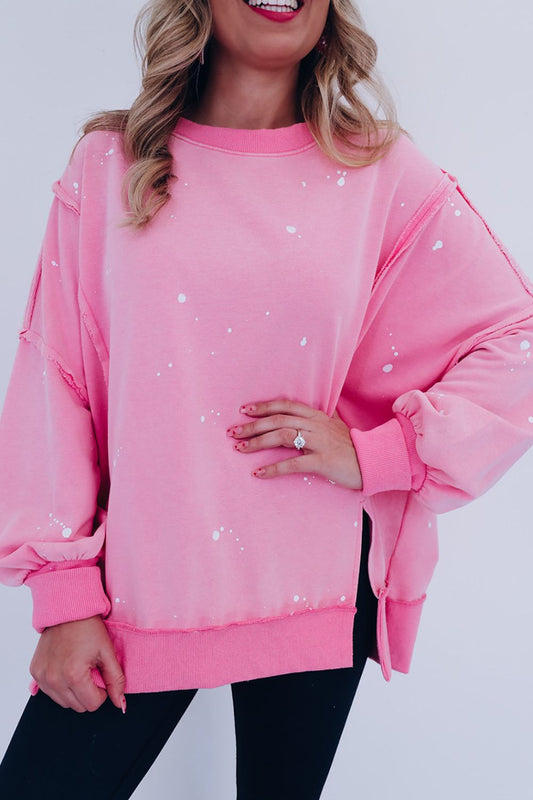 Exposed Seam Splatter Print Round Neck Sweatshirt - Bitsy Gypsy Boutique