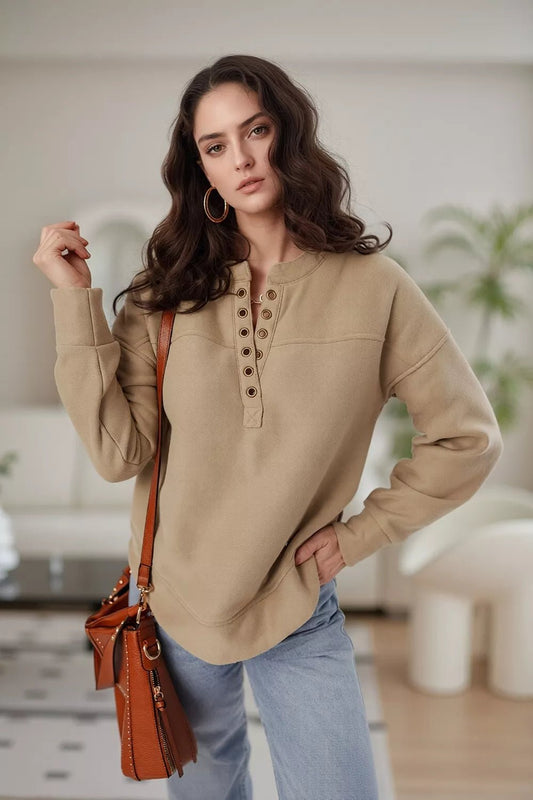Eyelet Button Placket Dropped Shoulder Sweatshirt - Bitsy Gypsy Boutique