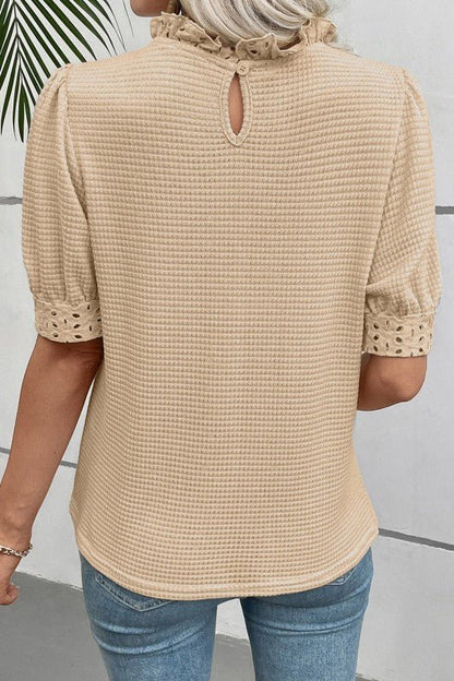 Eyelet Embroidered Patchwork Ruffle Neck Blouse - Bitsy Gypsy Boutique