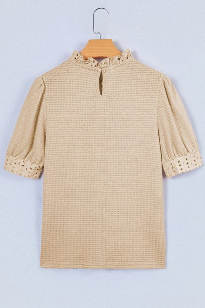 Eyelet Embroidered Patchwork Ruffle Neck Blouse - Bitsy Gypsy Boutique