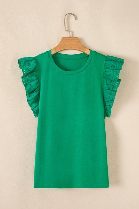 Eyelet Embroidered Ruffle Sleeve Crew Neck Top - Bitsy Gypsy Boutique