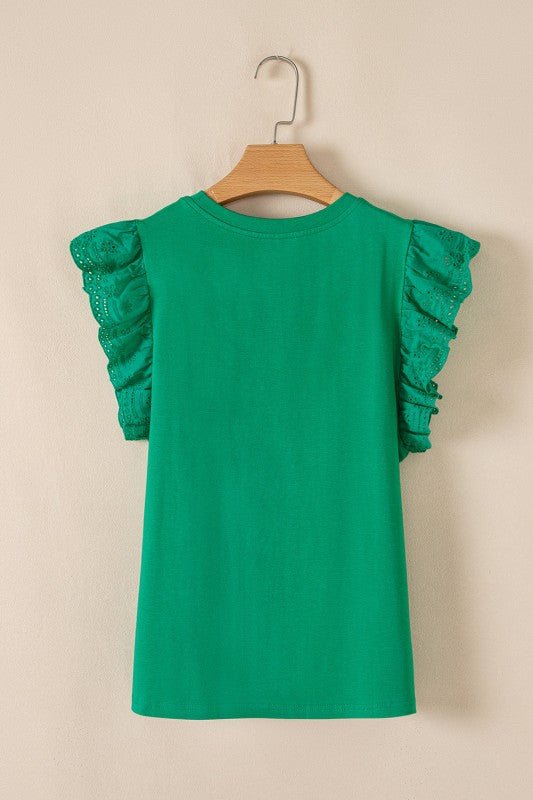 Eyelet Embroidered Ruffle Sleeve Crew Neck Top - Bitsy Gypsy Boutique